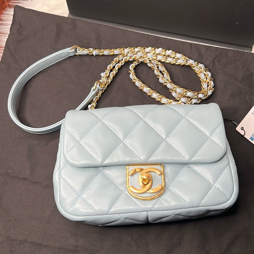 Chanel Blue Quilted Mini Flap Leather Bag Gold Box, Dust Bag NWT - Picture 15 of 17